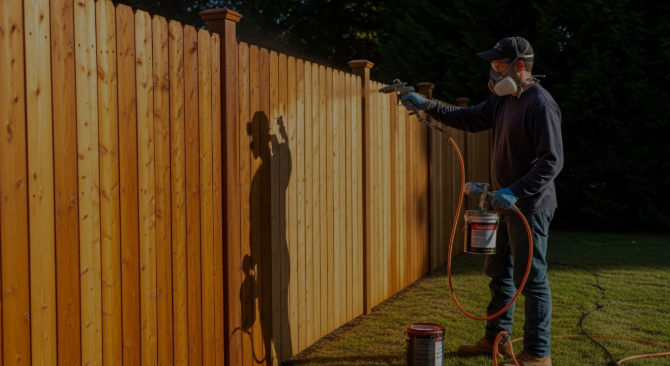 a person staining a fence with a sprayer