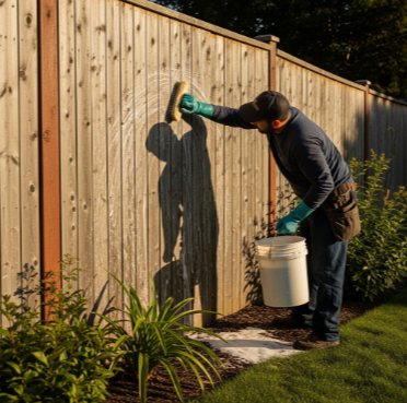 Cleaning a wood fence with a brush and soapy water by hand