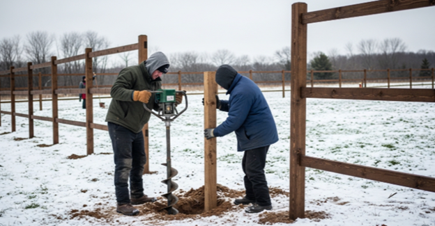 snowy backyard fence installation