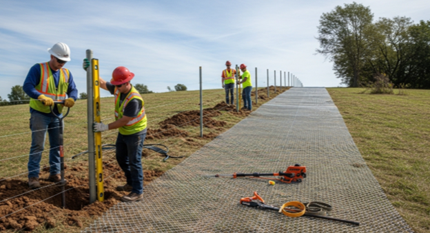 worker leveling posts and securing chain link panels